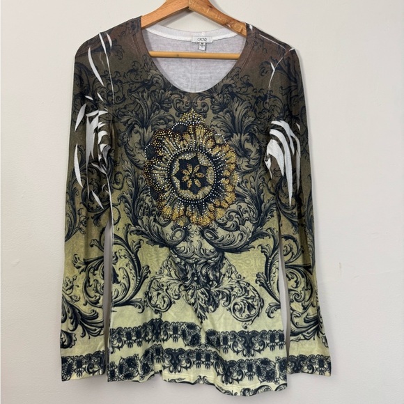 Vintage Sweaters - Vintage Cache Knit Baroque Print Top M Gold Black Long Sleeve Stretch